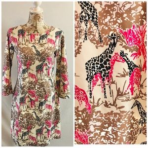 Melly M. Giraffe Jungle Print Dress Size Small Made in USA Travel Resort Fabric